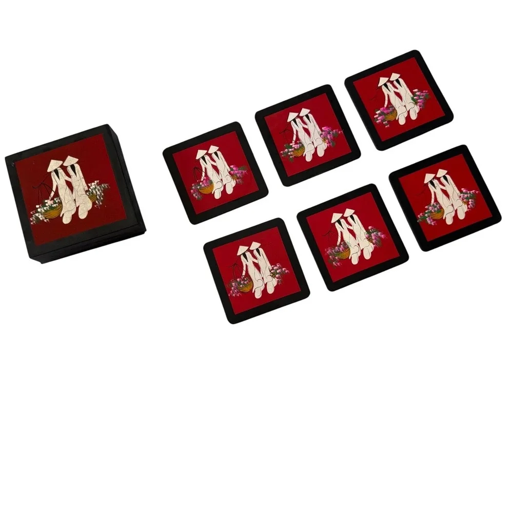 Vintage‎ Vietnamese Lacquer Coaster Set w/ Box – Hand-Painted Áo Dài Art